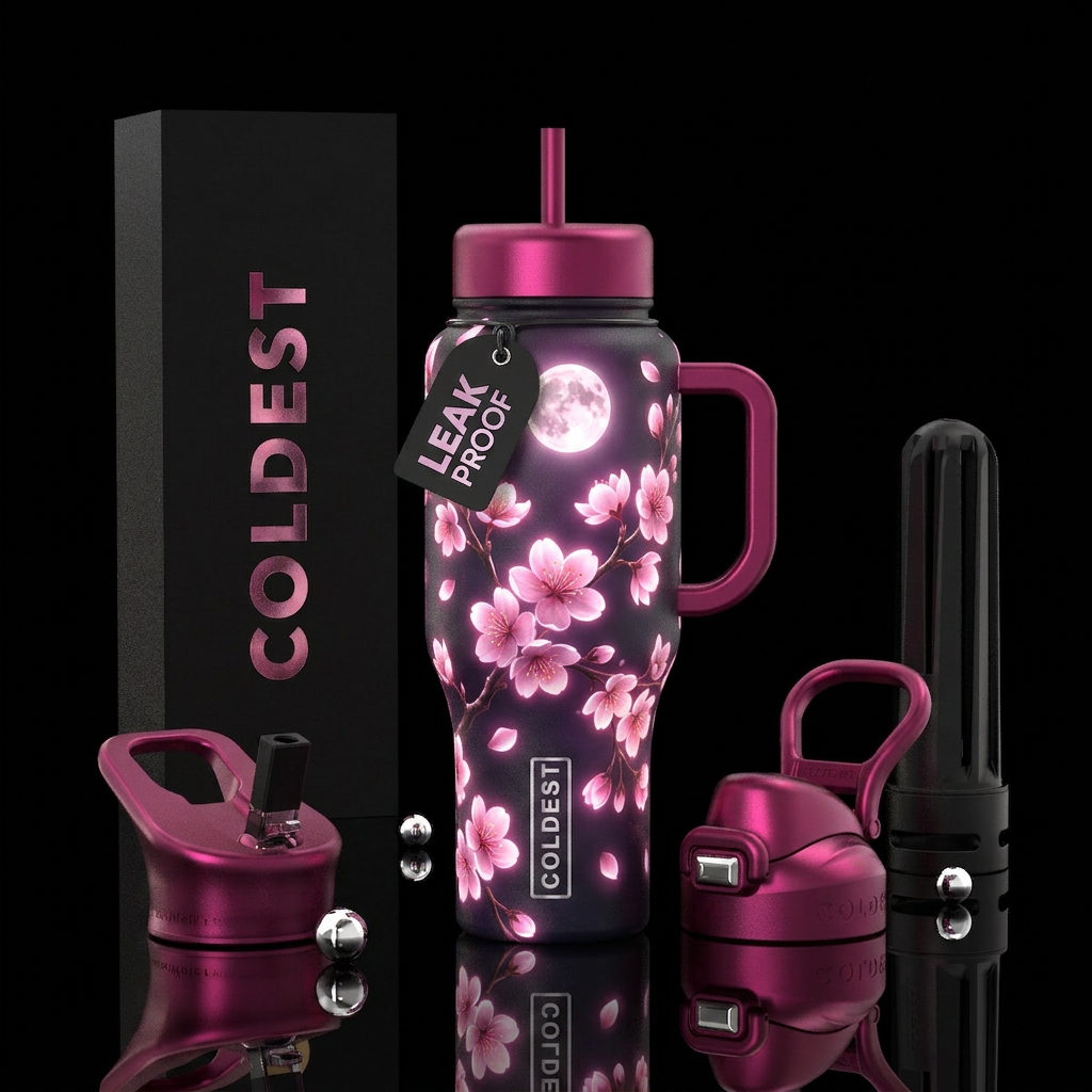 cherry blossoms, moonlight, glowy water bottle design