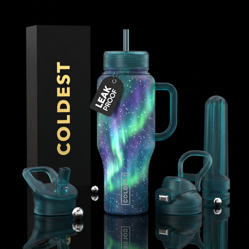 Snowstorm, aurora borealis, glowy water bottle design