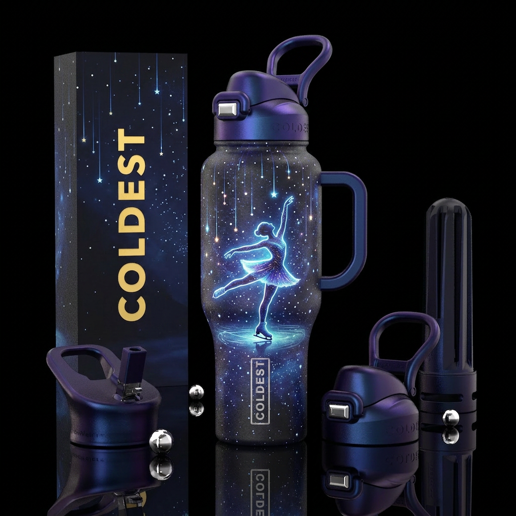 Ice skater dancing, night, falling stars, glowy water bottle design