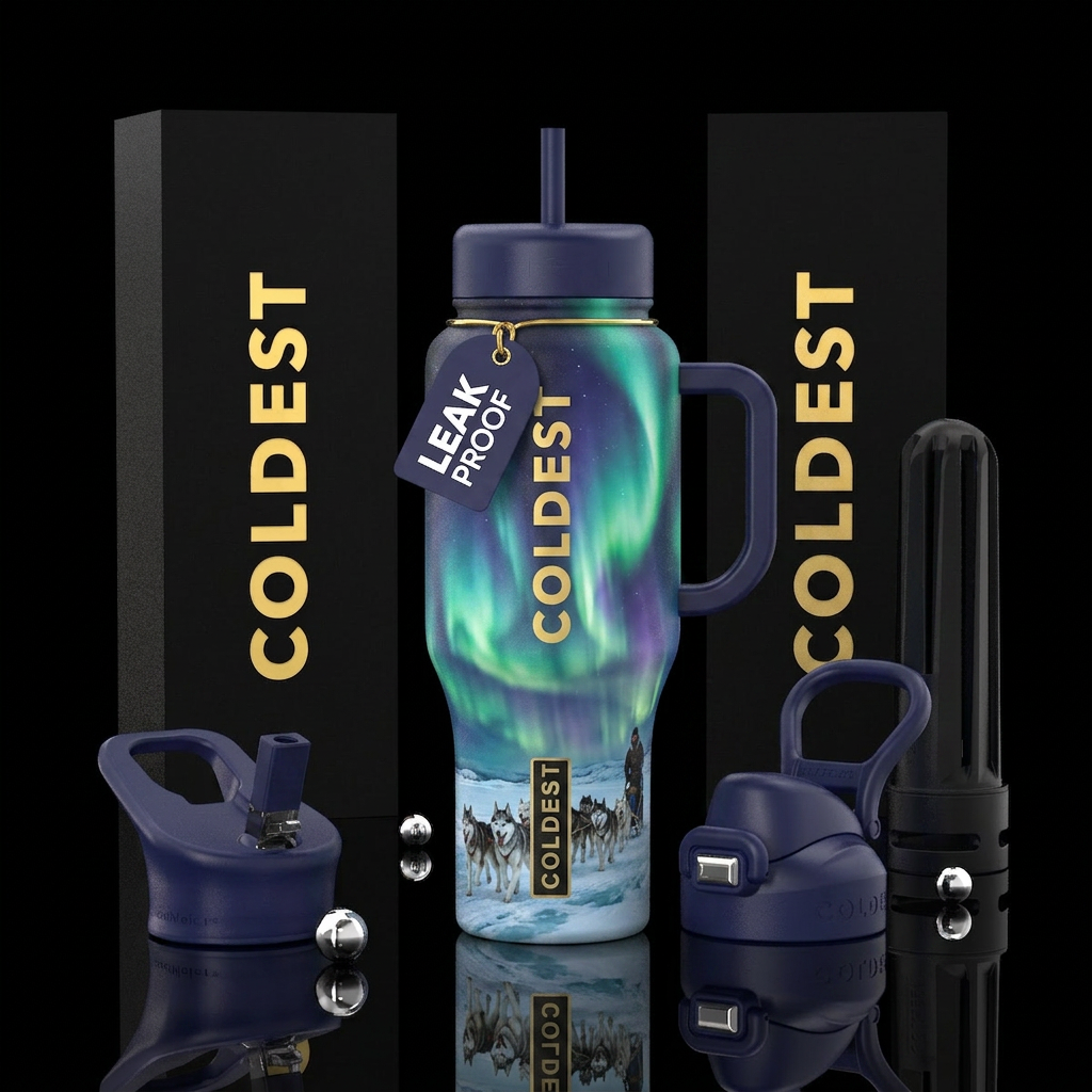 Alaska, aurora borealis, sled dogs pulling sled water bottle design