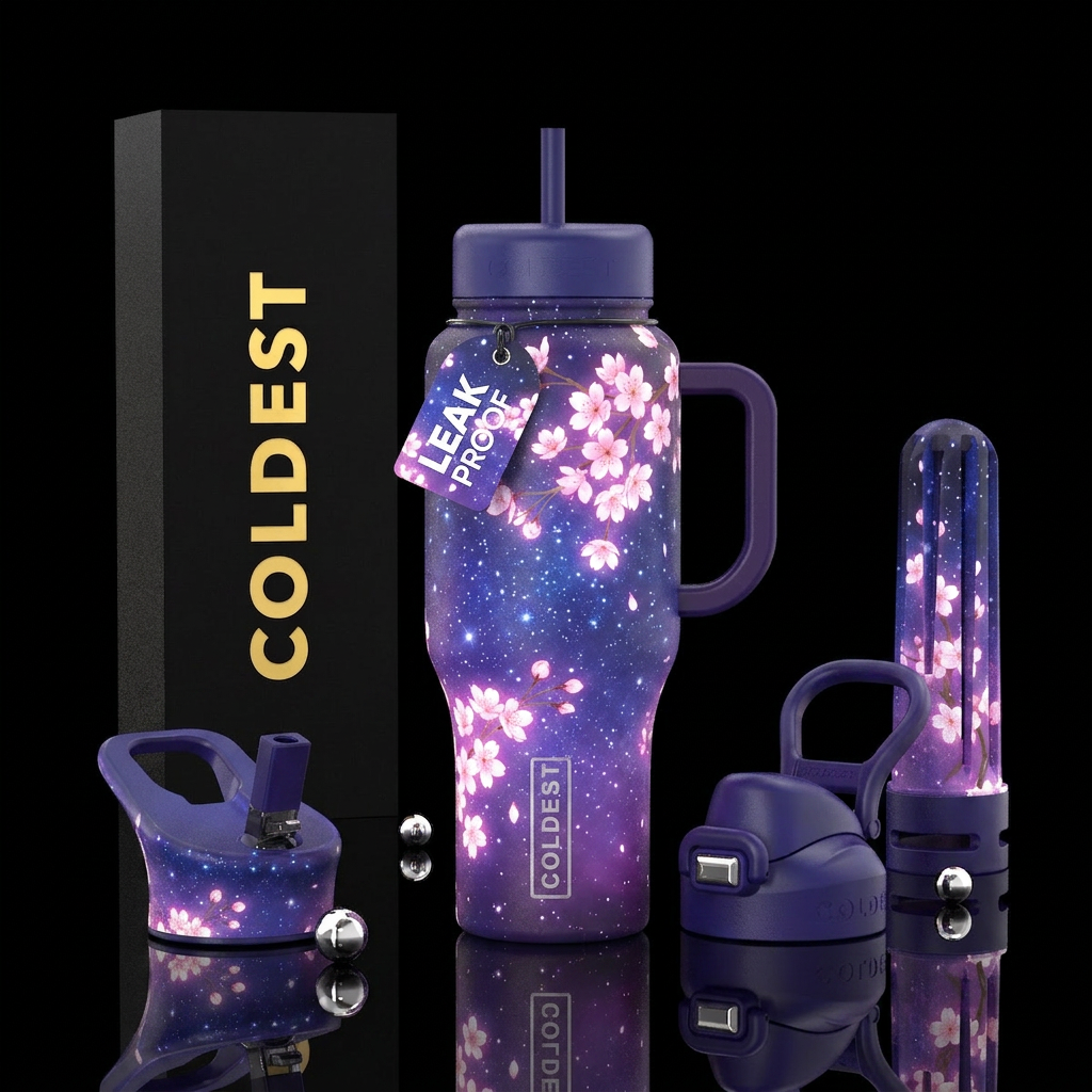 Japanese cherry blossoms, starry night, glowy water bottle design