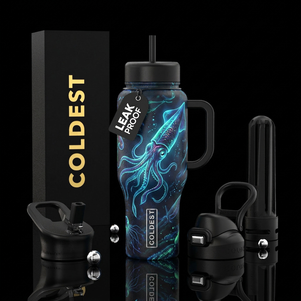 Ocean, squid, glowy water bottle design