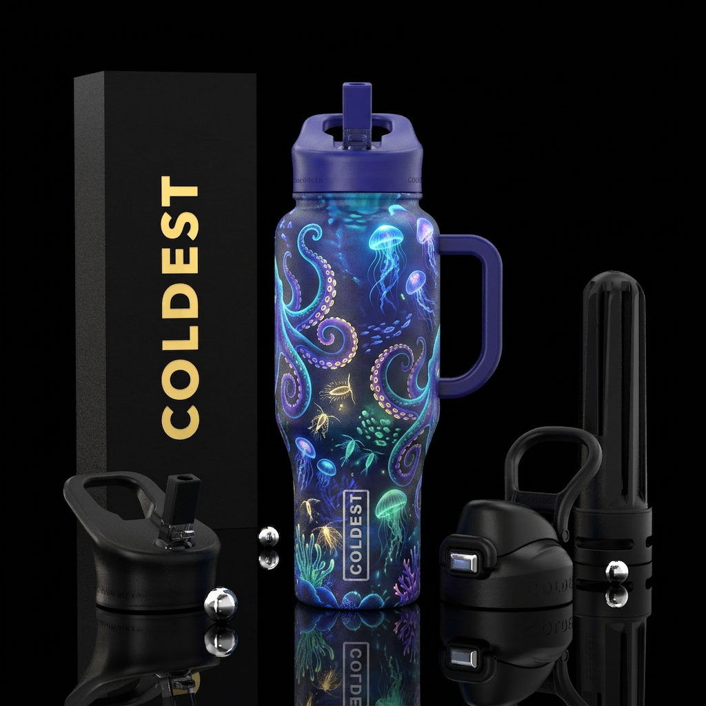 Ocean, octopus, glowy water bottle design