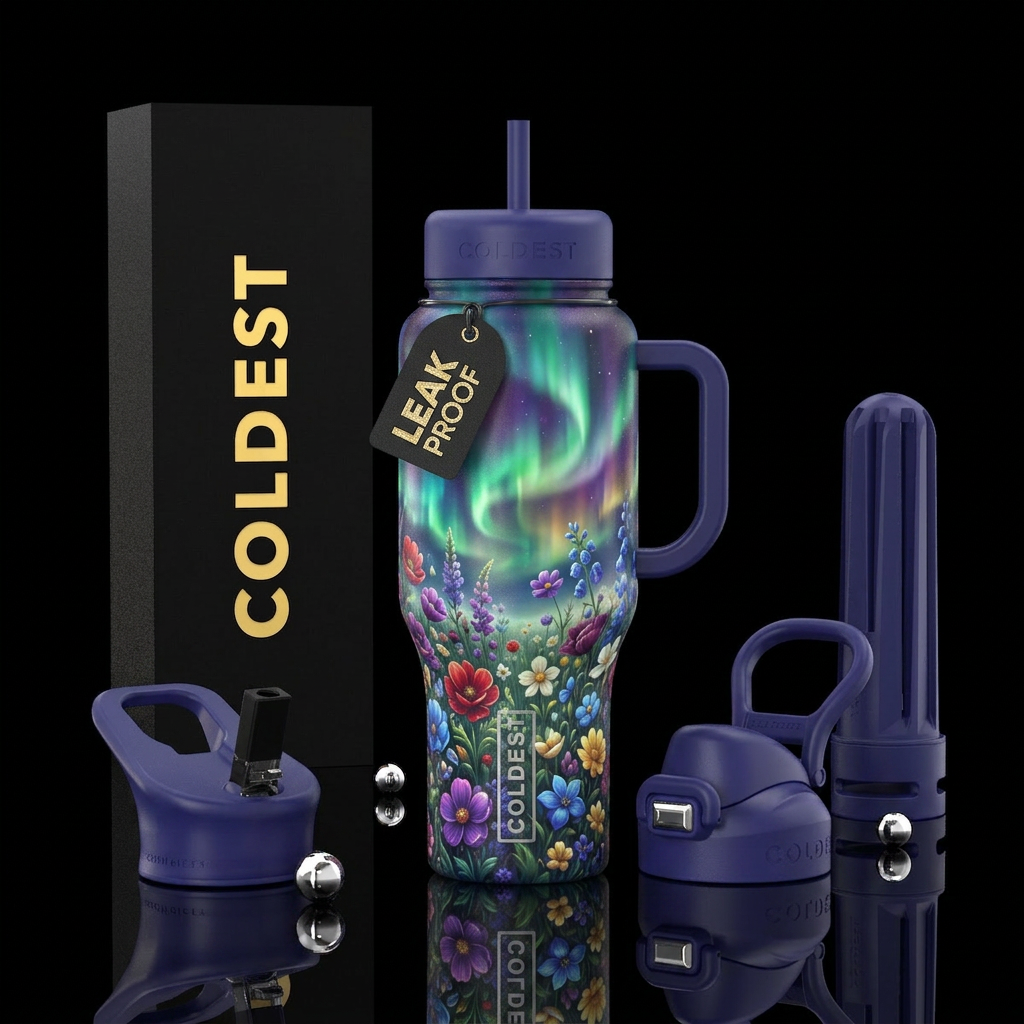 Field of flowers, aurora borealis, glowy water bottle design