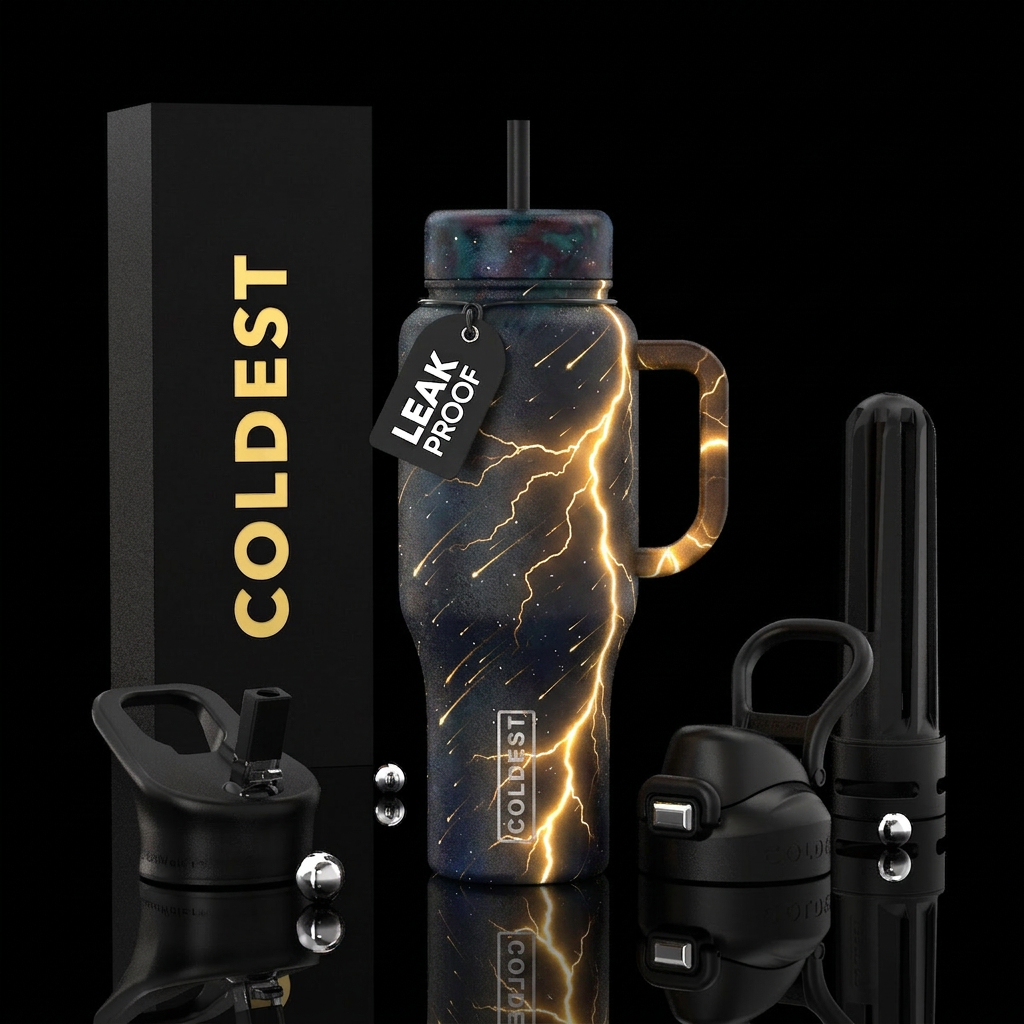 Dark world with falling stars and multiple lighten... water bottle design
