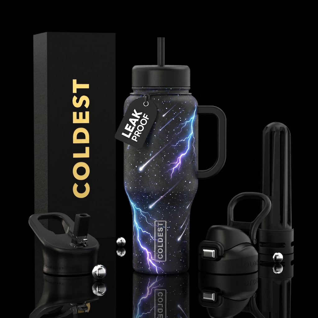 Dark world with falling stars and multiple lighten... water bottle design