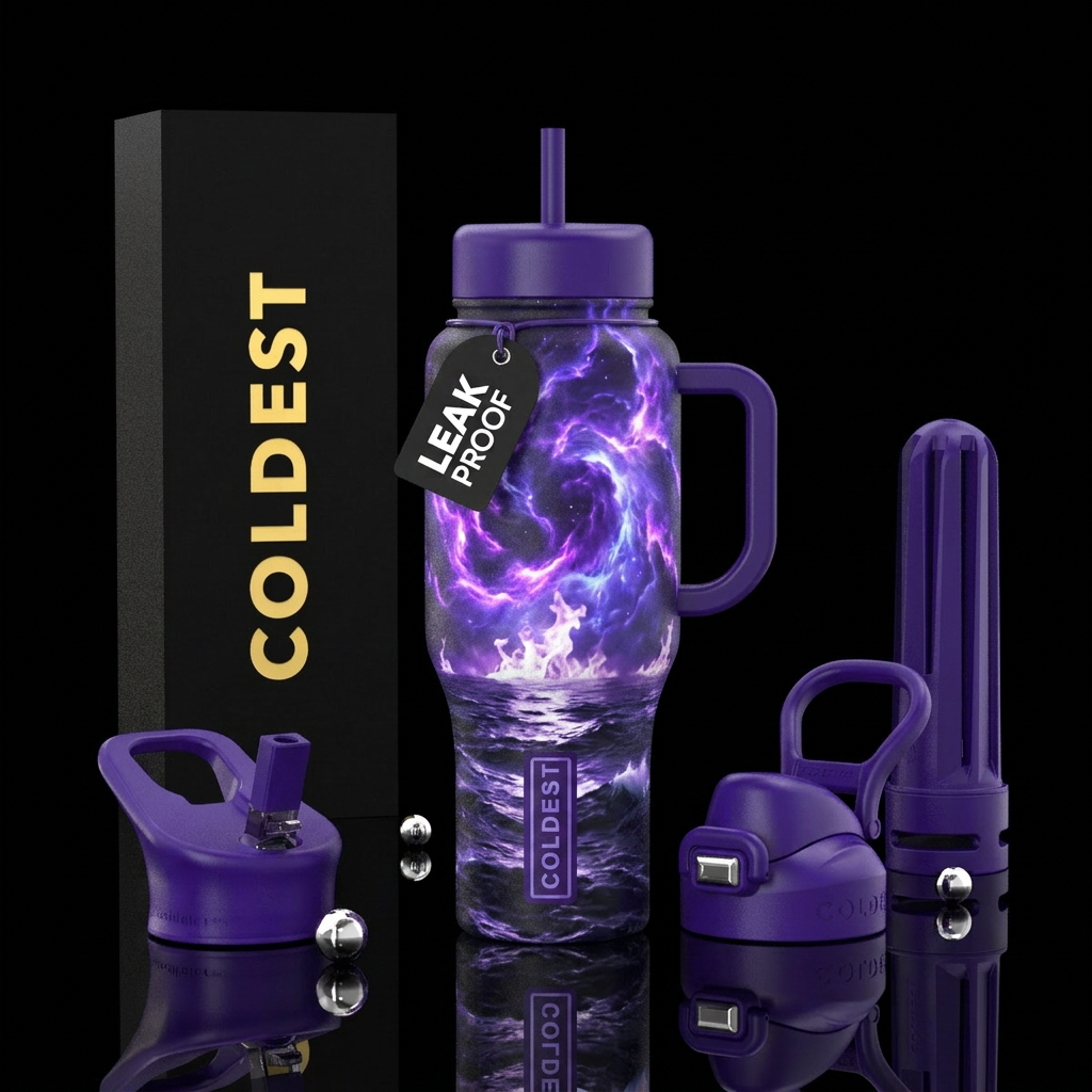 Firestorm over ocean, light and dark, purple, glow... water bottle design