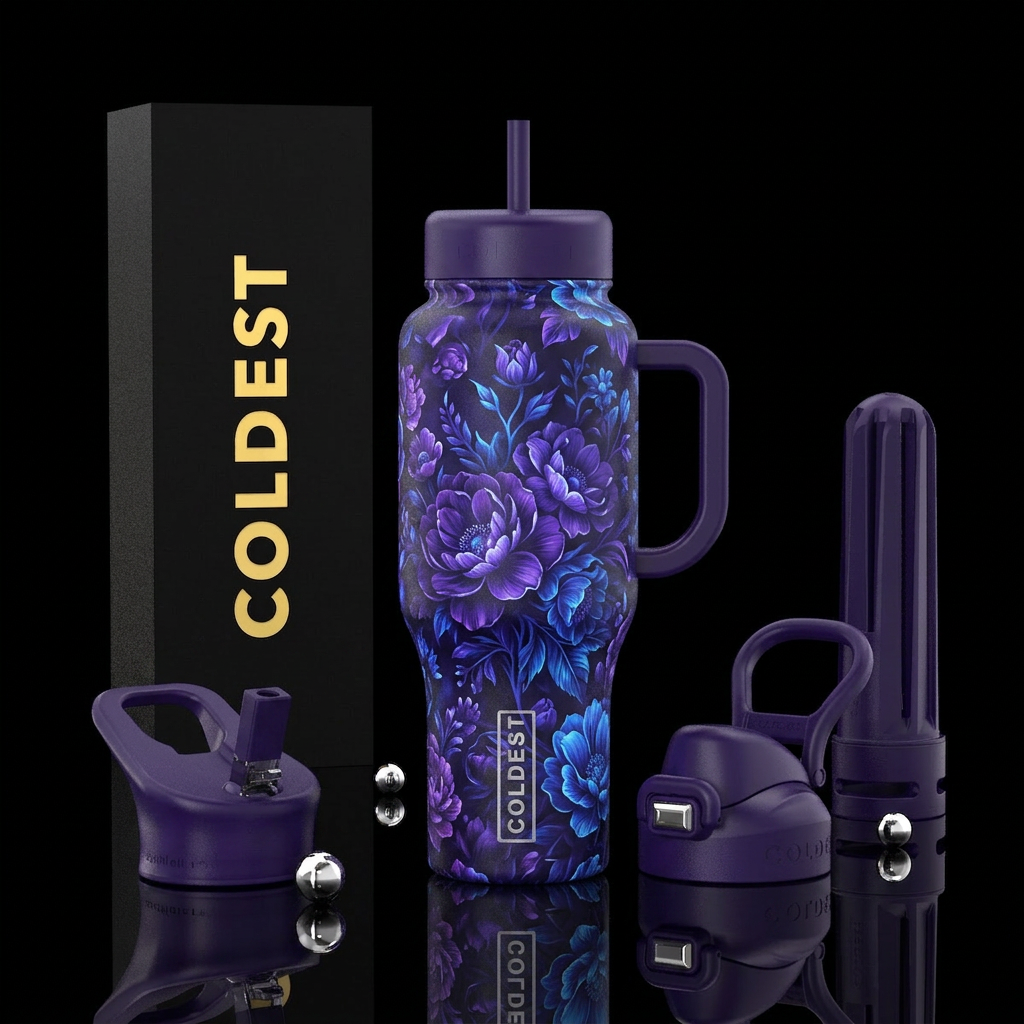 Moonlight flowers, purple, glowy water bottle design