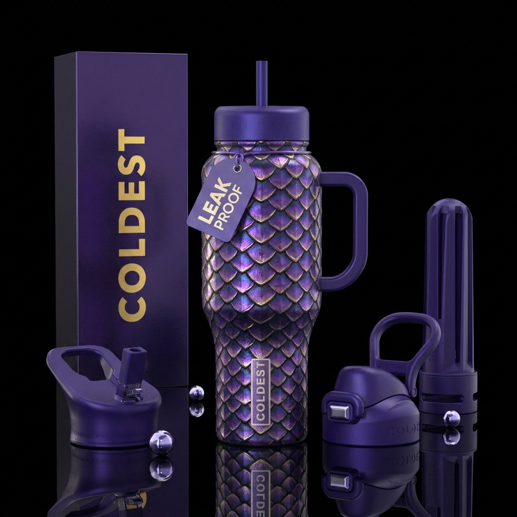 Purple metallic dragon scales water bottle design