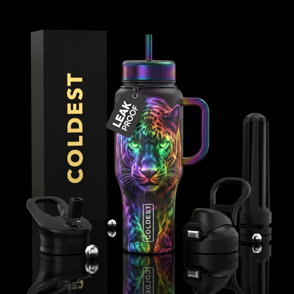 Rainbow, green eyed glowy panther water bottle design