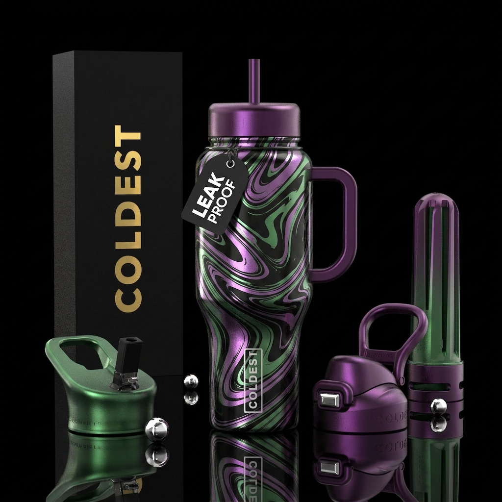 Black background with purple metallic and green me... water bottle design