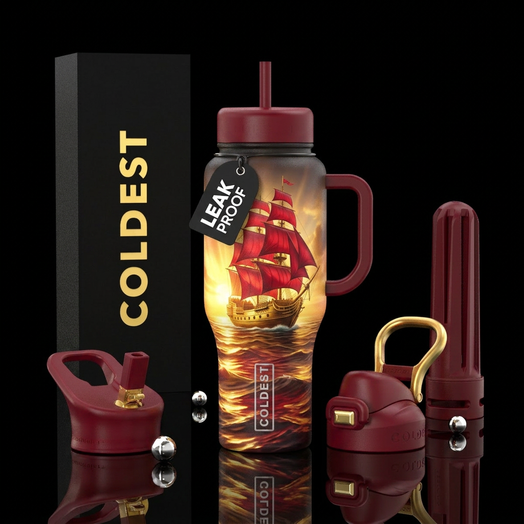 Golden ship with Crimson sails, sunrise, glowy water bottle design