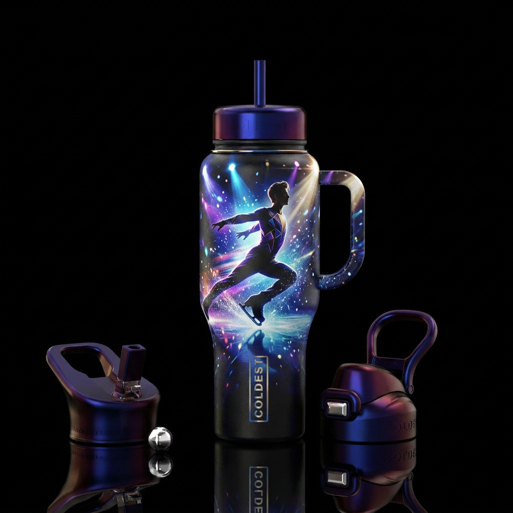 Male figure skater in quad jump under spotlights water bottle design