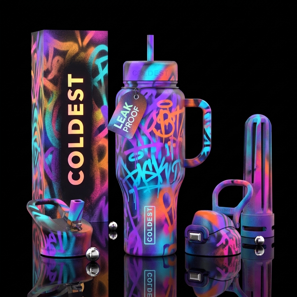 luxurious, spray painted, vibrant, glowie water bottle design