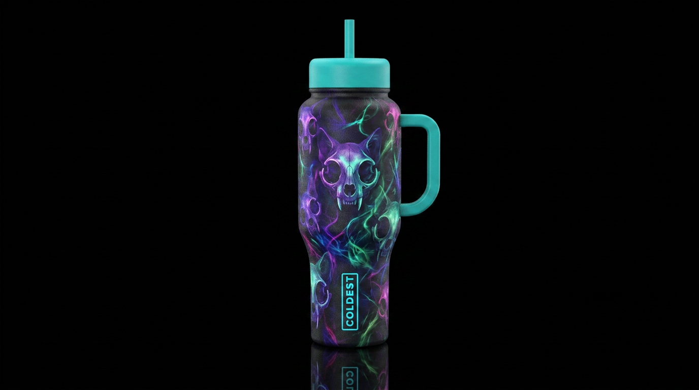 cat skull, glowie water bottle design