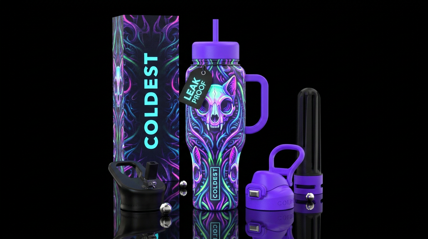 cat skull, glowie water bottle design