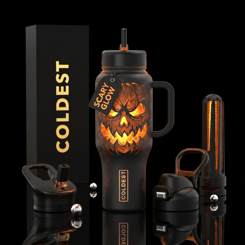 glowie, scary, pumpkin water bottle design