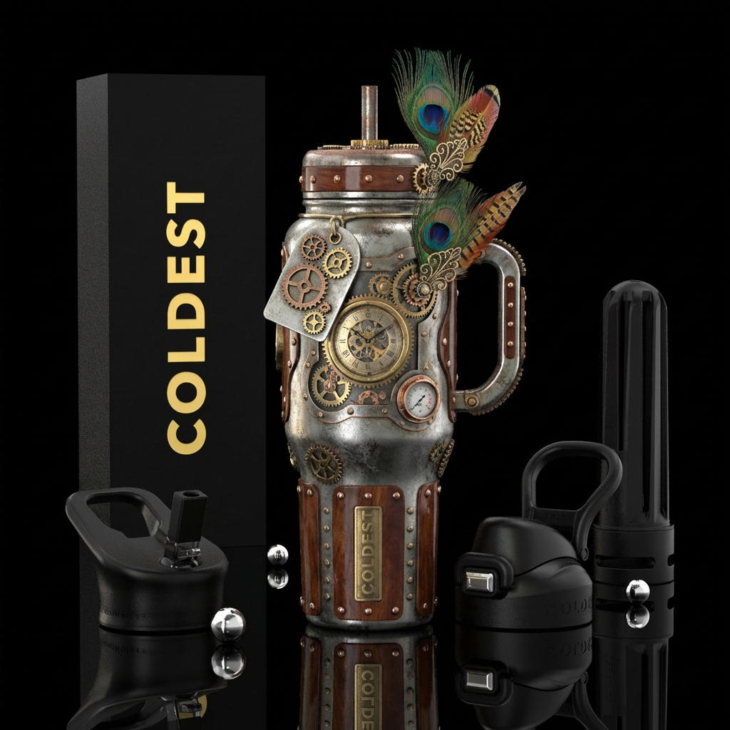 Syeam punk tumbler with gears, and silver and iron... water bottle design