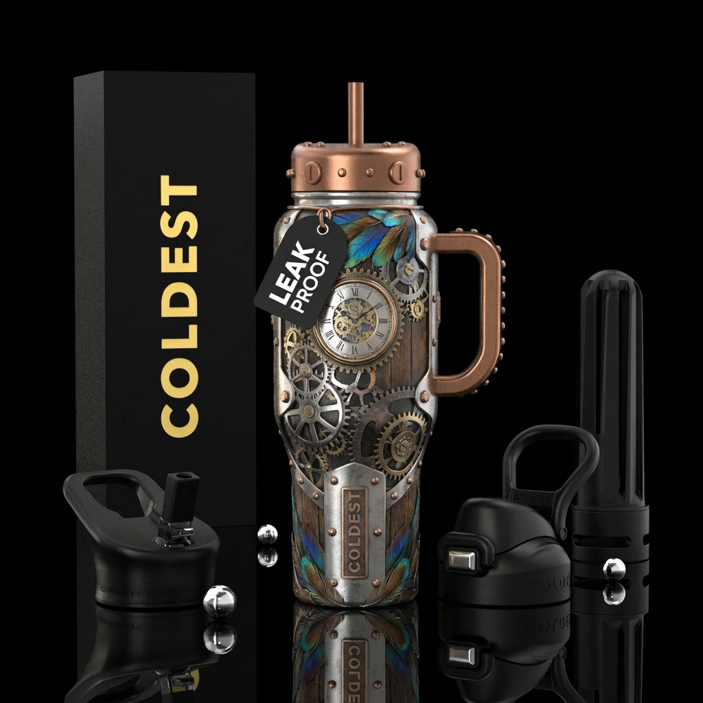 Syeam punk tumbler with gears, and silver and iron... water bottle design