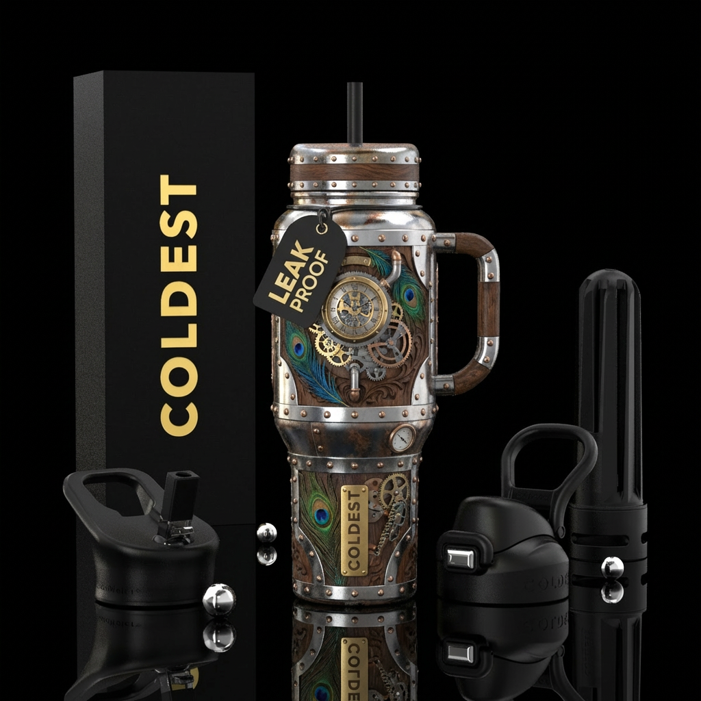 Syeam punk tumbler with gears, and silver and iron... water bottle design