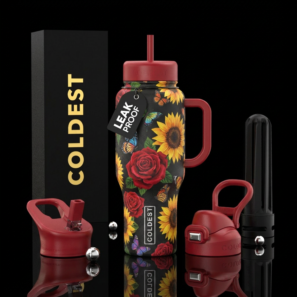 Red roses sunflowers and butterflies water bottle design