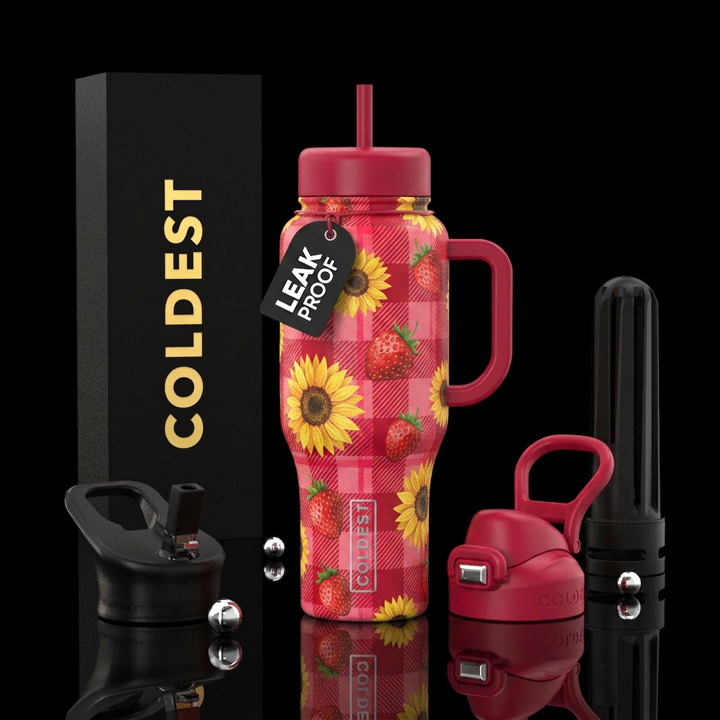 Red and pink plaid with sunflowers and strawberrie... water bottle design