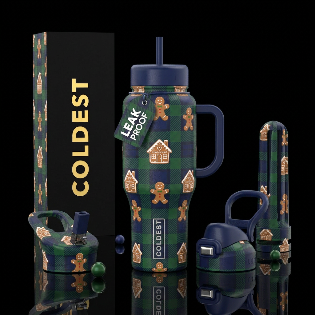 Navy blue and hunter green plaid with gingerbread ... water bottle design
