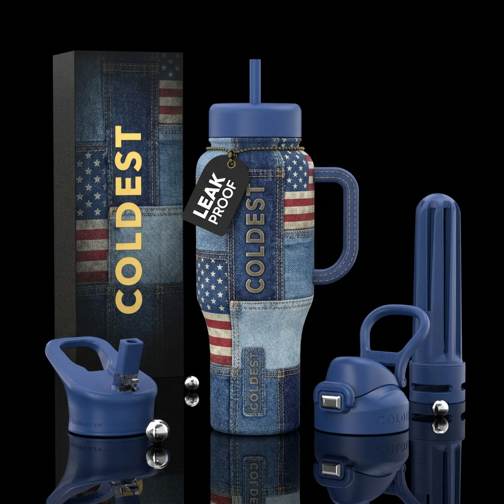 American flag patchwork denim water bottle design