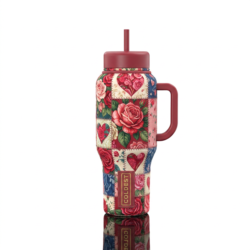 Patchwork quilt with hearts and roses water bottle design