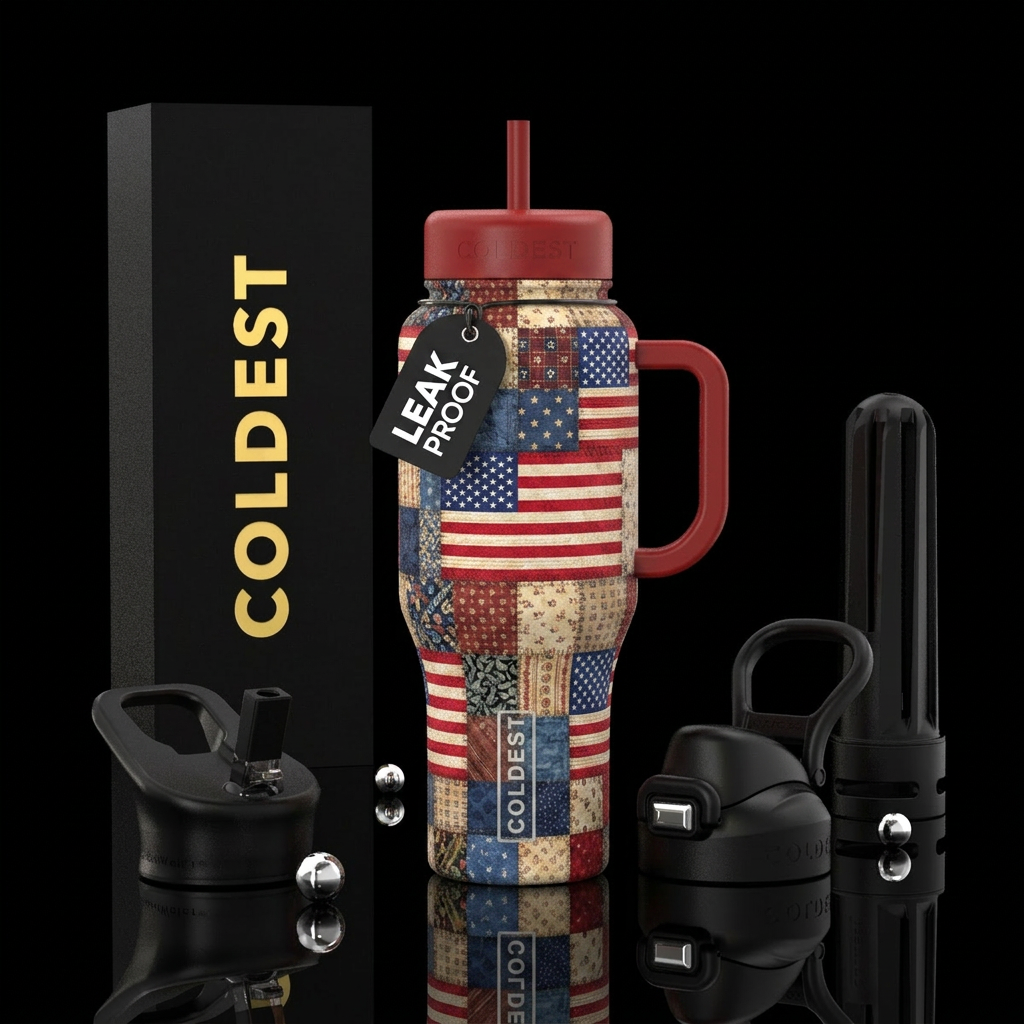 Patchwork quilt with American flag water bottle design