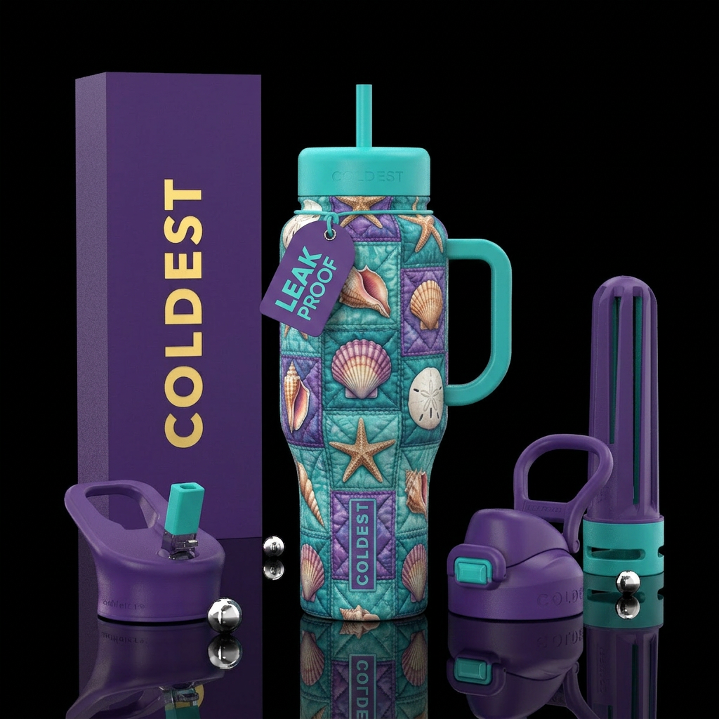 Teal and purple quilt with seashells water bottle design