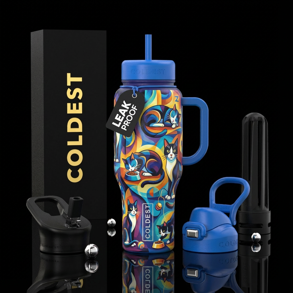 Tuxedo cats of different sizes, sleeping and eatin... water bottle design