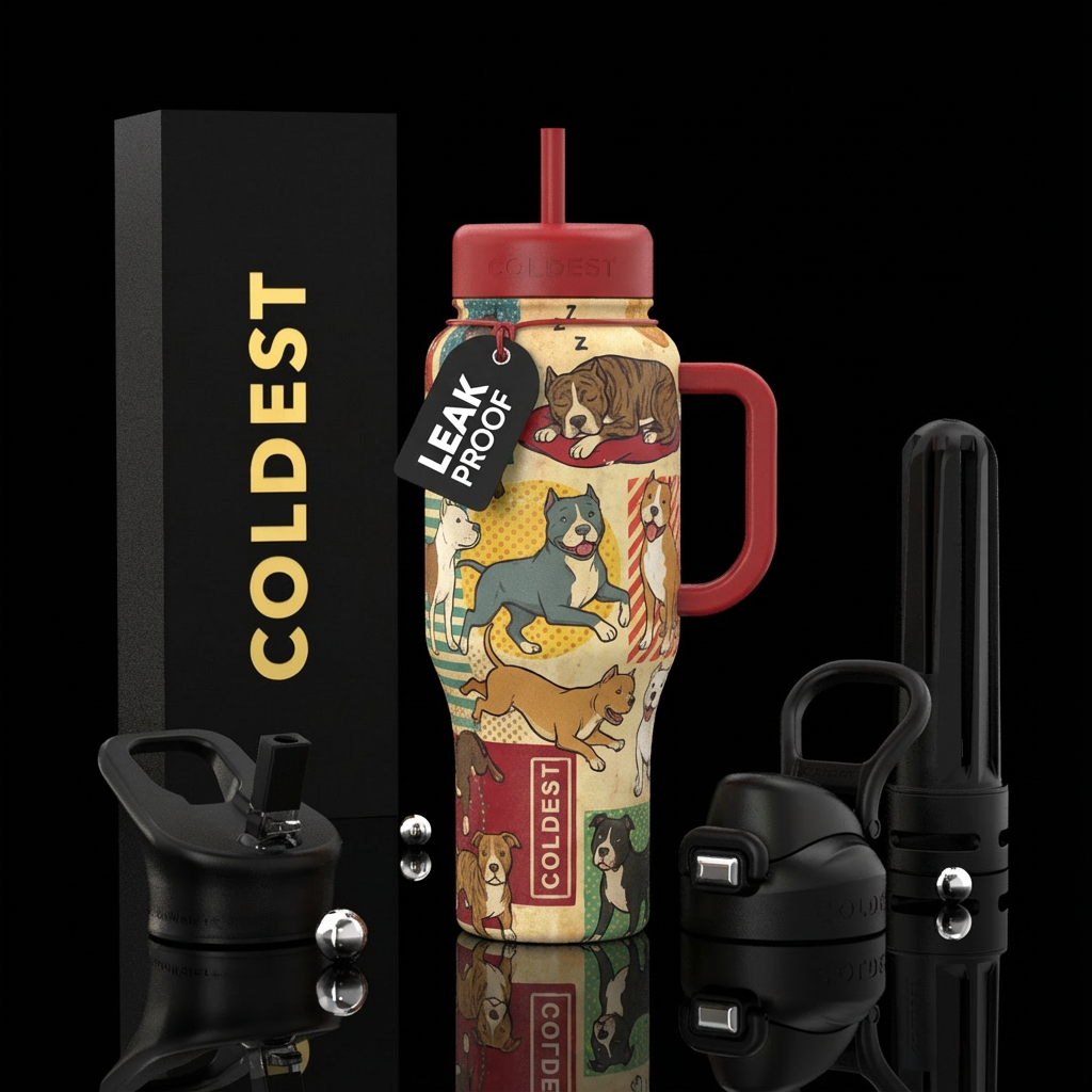 Pitbulls of different sizes and colors, sleeping a... water bottle design