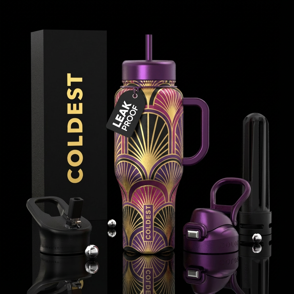 Art deco style wallpaper in gold, black, purple an... water bottle design