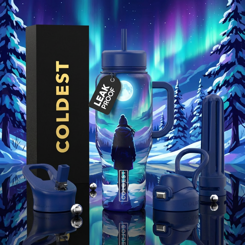 Dark, alone, woman looking out at a winter scene water bottle design
