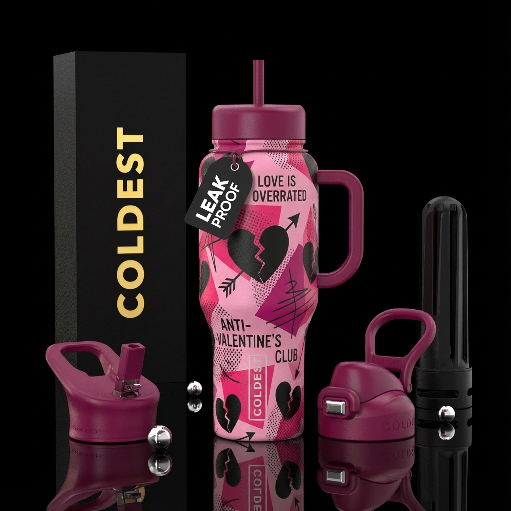 Mid century style Anti-valentines day, black heart... water bottle design