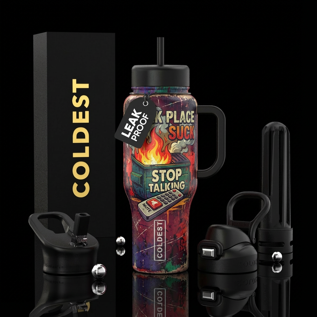 Work place suck, dumpster fire, human remote with ... water bottle design