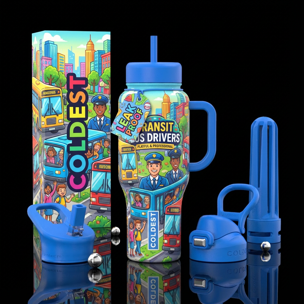 Transit bus drivers, picking up passengers, profes... water bottle design