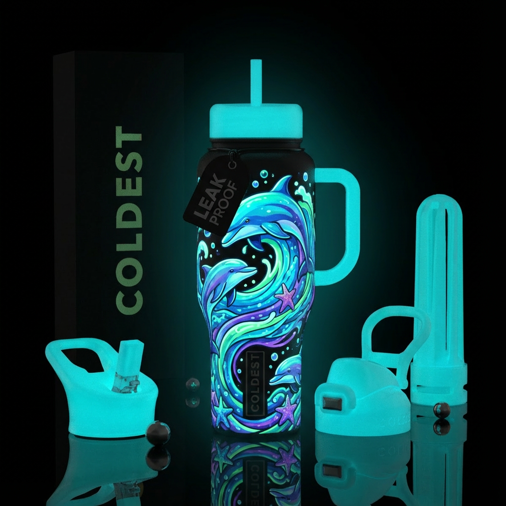 Dolphin, glow in the dark water bottle design