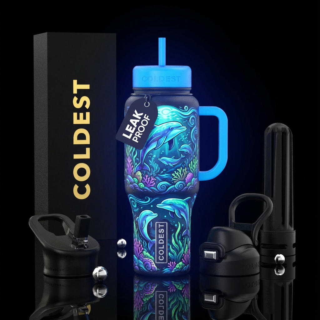 Dolphin, glow in the dark water bottle design