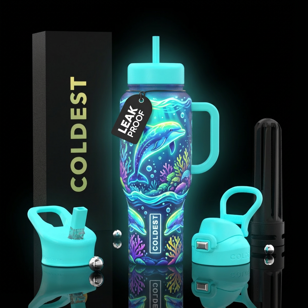 Dolphin, glow in the dark water bottle design