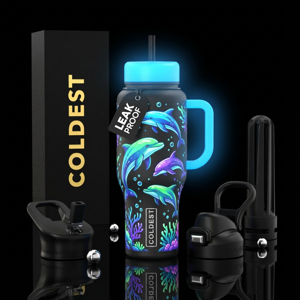 Dolphin, glow in the dark water bottle design