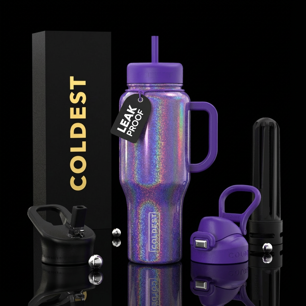 Royal purple holographic sparkle water bottle design