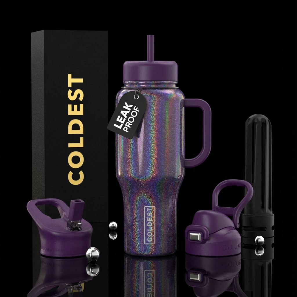 Dark purple holographic sparkle water bottle design