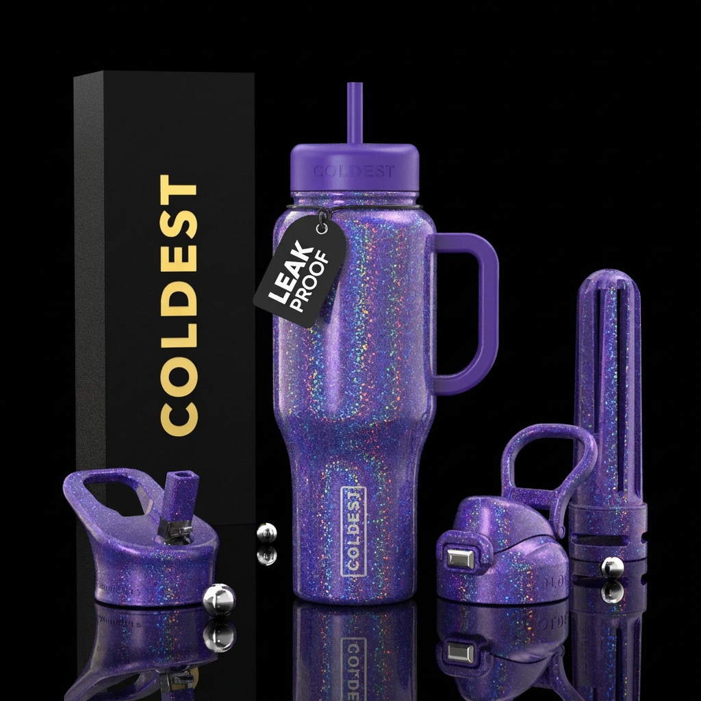 royal purple hologram sparkle water bottle design