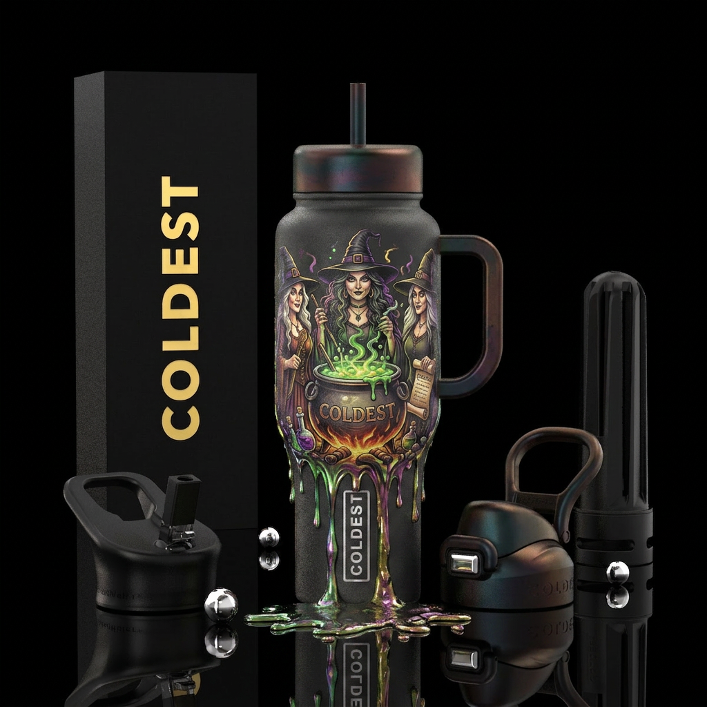 3 witches surrounding a bubbling cauldron water bottle design