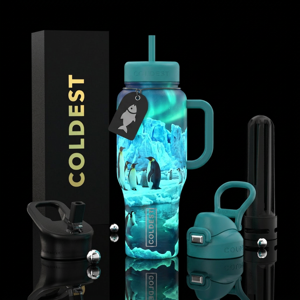 Penguins, glacier, glow in dark water bottle design
