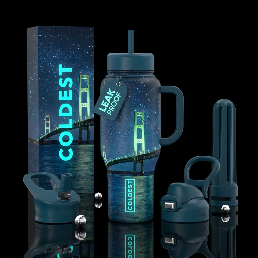 Mackinaw bridge, stars, glow in dark water bottle design