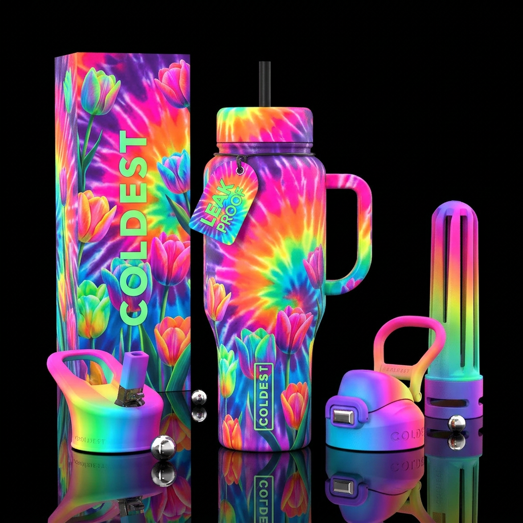 Tulips, tye dye, neon , water bottle design