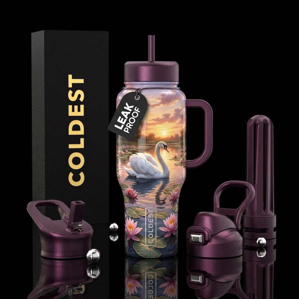 Swan, water Lillie’s, sunset, pond water bottle design